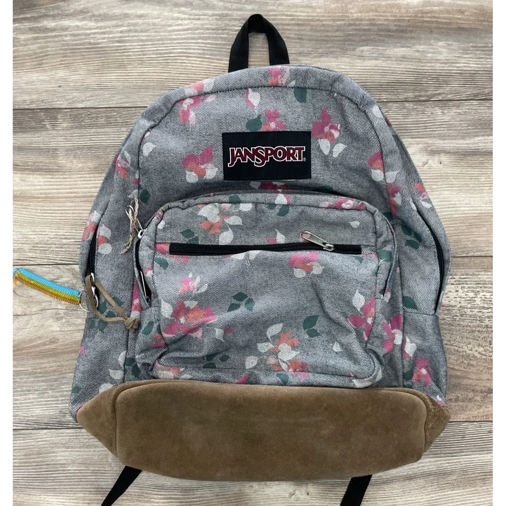 JanSport Originals Right Pack Floral Denim Canvas Suede Bottom Backpack JS00T62A